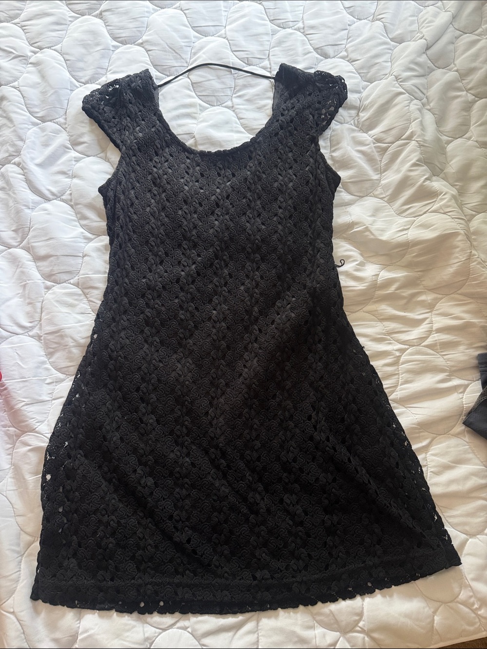 Black crochet Cap-Sleeve Mini Dress